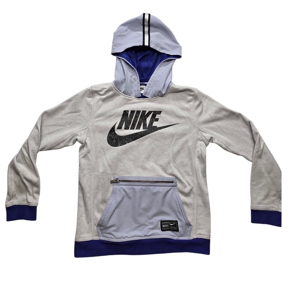 Nike Kids Large Hoodie Grey Purple Speckled Logo Zipper Pocket Sportswear L - Picture 1 of 8